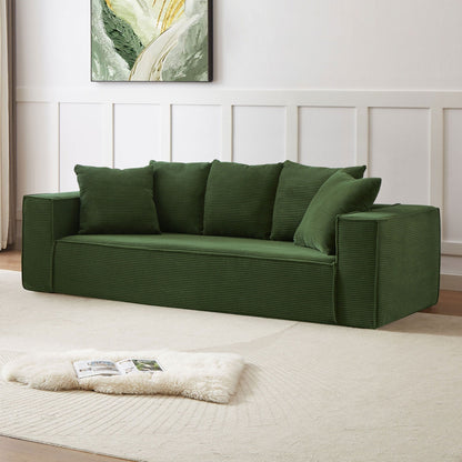 Green Corduroy Upholstered 3-seater Sofa with 5 Toss Pillows