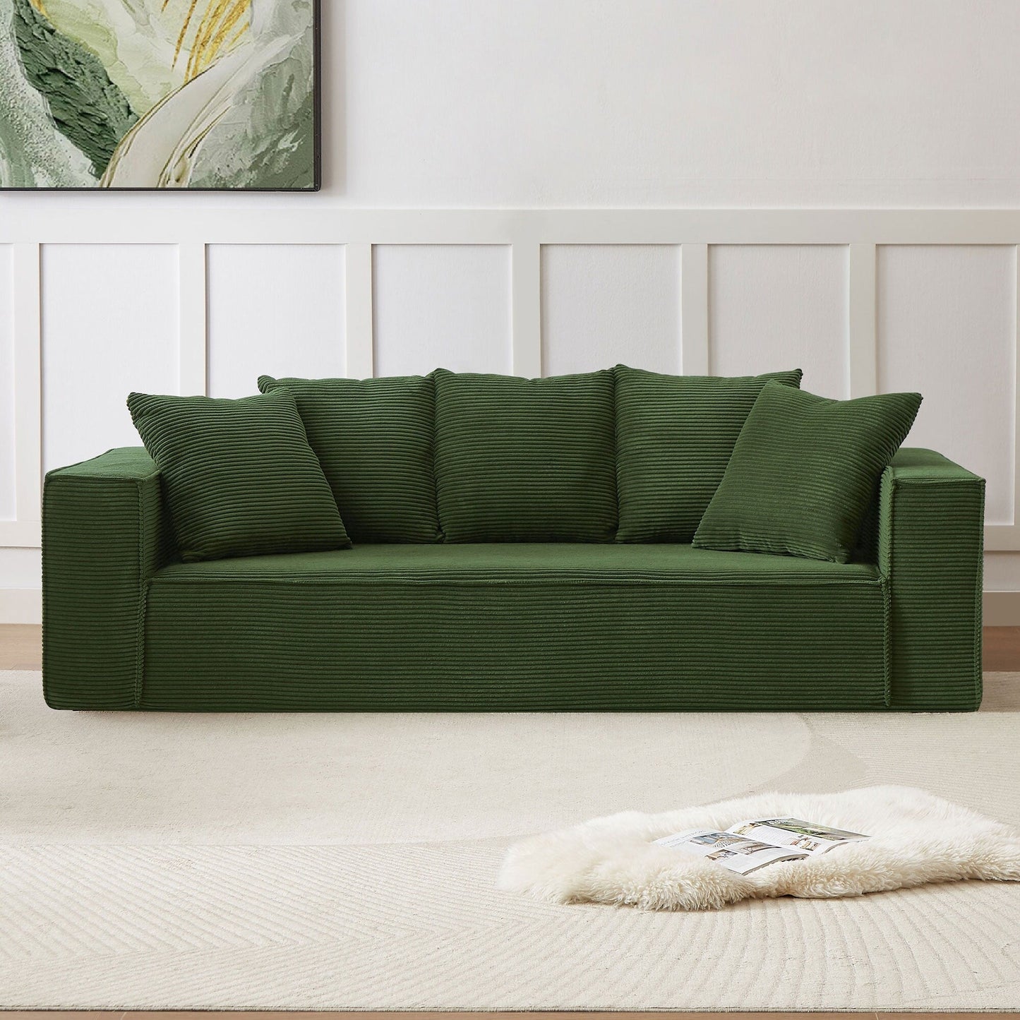 Green Corduroy Upholstered 3-seater Sofa with 5 Toss Pillows