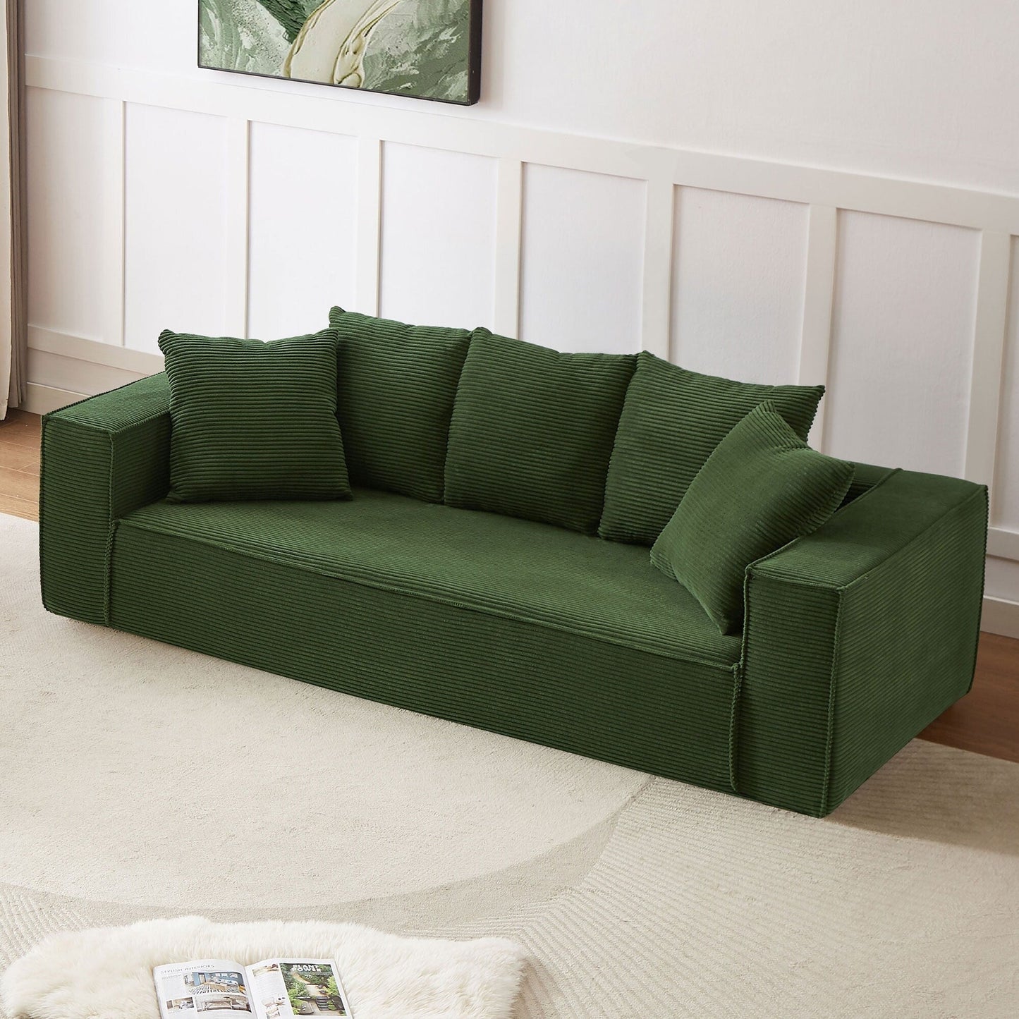 Green Corduroy Upholstered 3-seater Sofa with 5 Toss Pillows