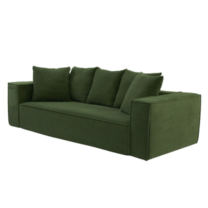 Green Corduroy Upholstered 3-seater Sofa with 5 Toss Pillows