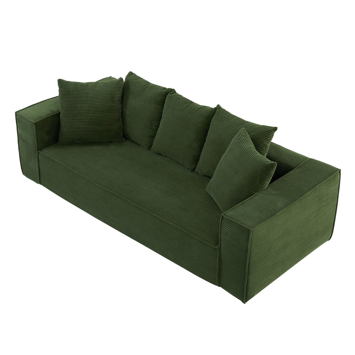 Green Corduroy Upholstered 3-seater Sofa with 5 Toss Pillows