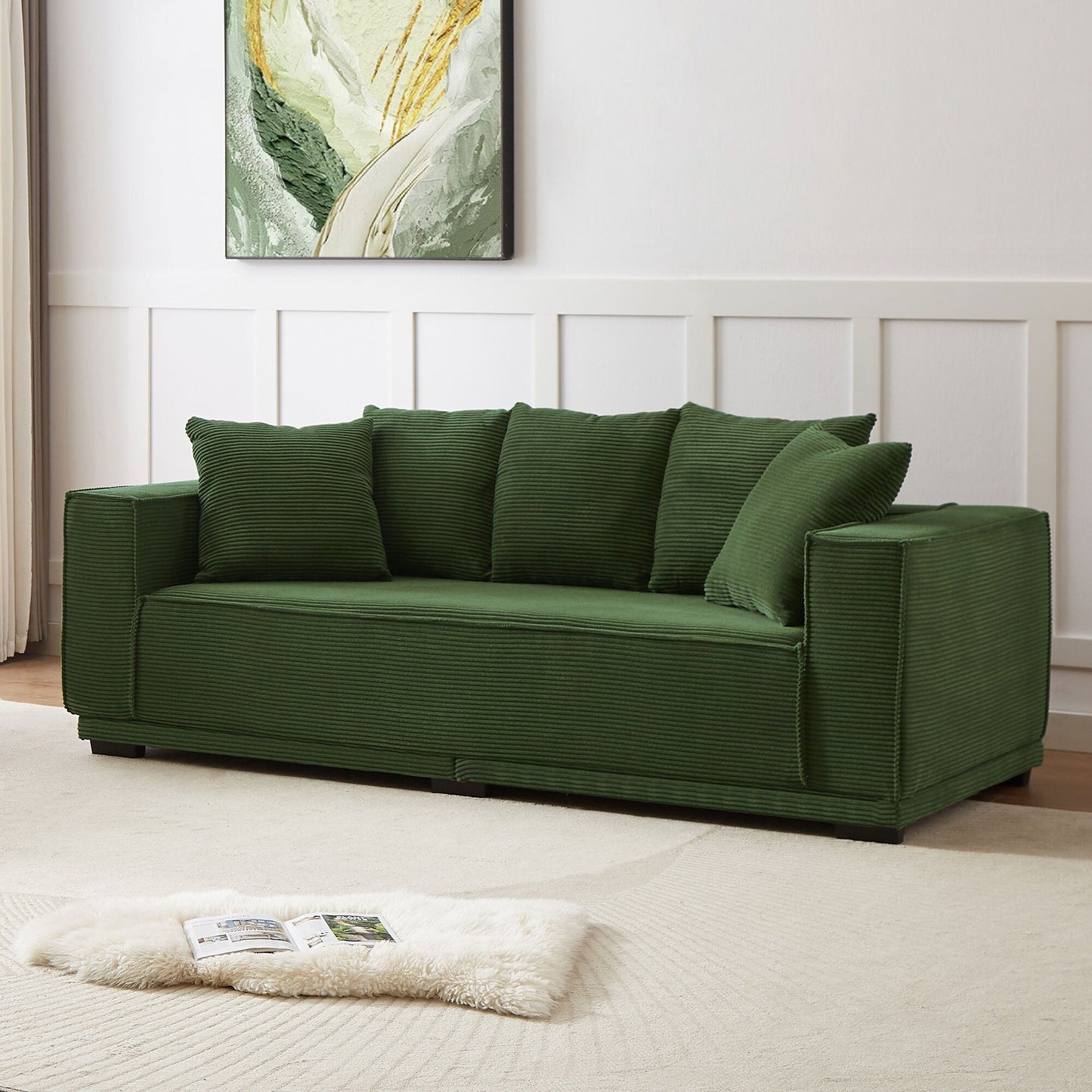 Green Corduroy Upholstered 3-seater Sofa with Toss Pillows