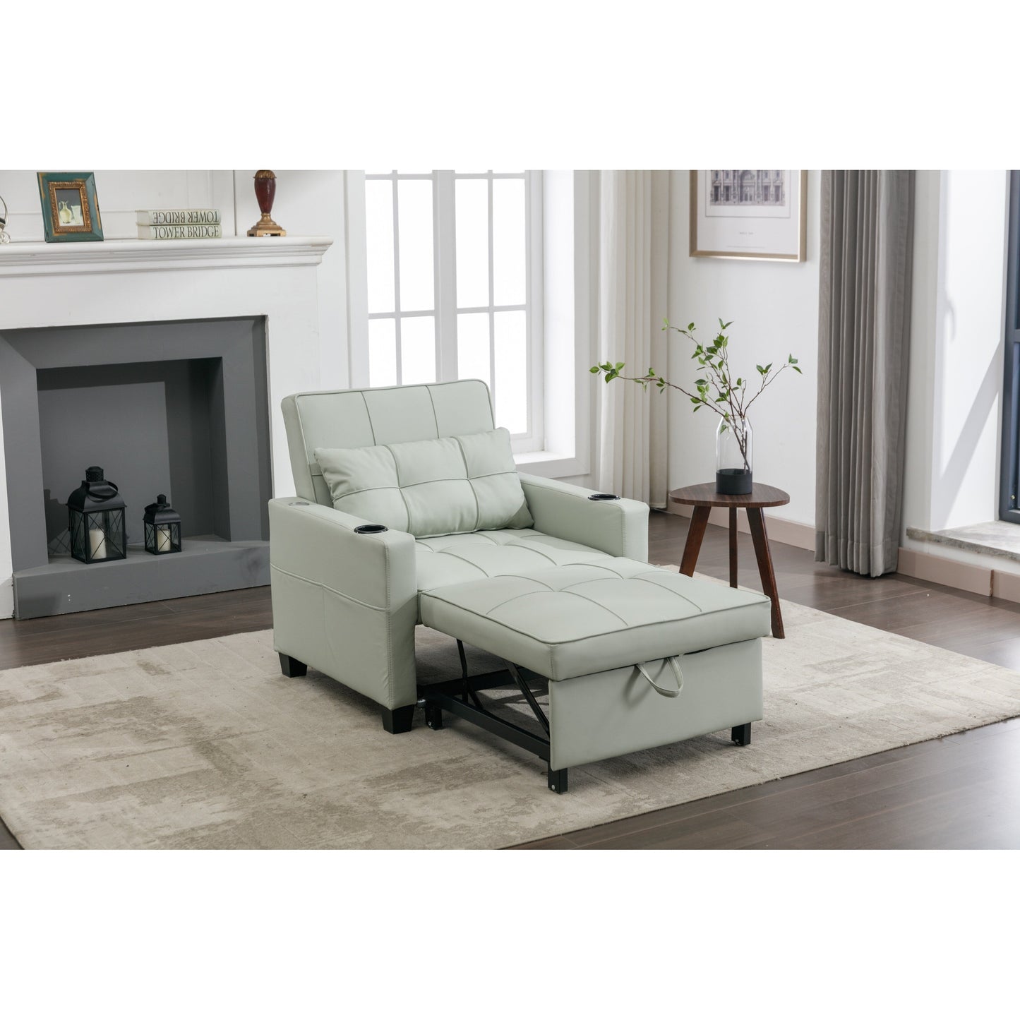 Green Faux Leather Convertible Sofa Bed with USB Ports