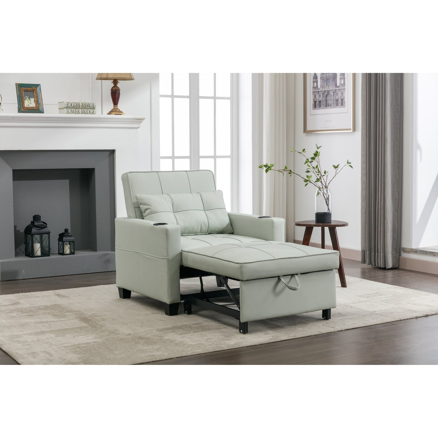 Green Faux Leather Convertible Sofa Bed with USB Ports