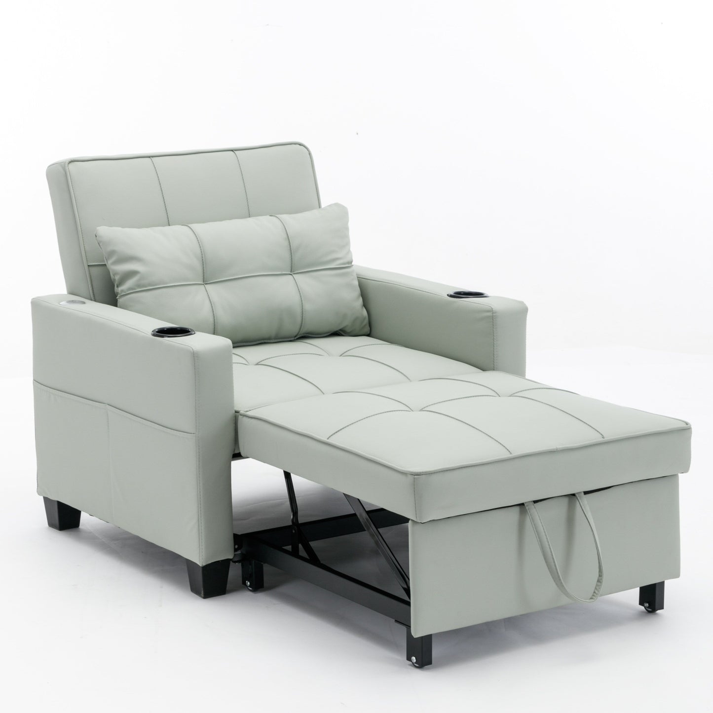 Green Faux Leather Convertible Sofa Bed with USB Ports