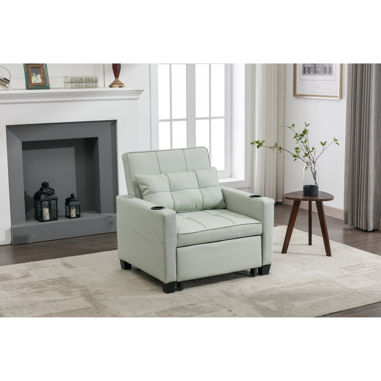 Green Faux Leather Convertible Sofa Bed with USB Ports