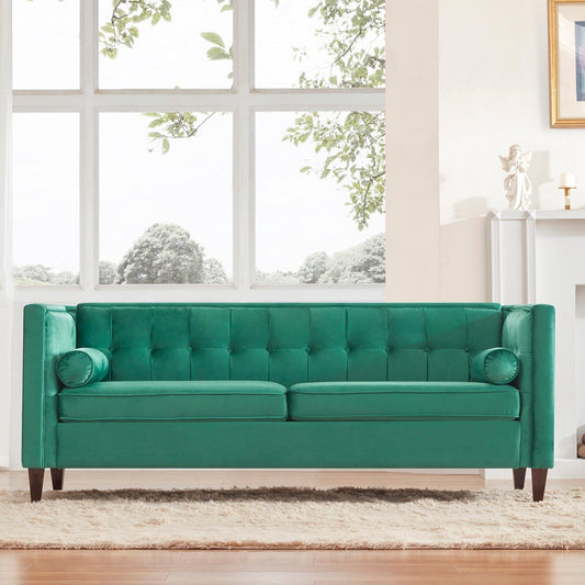 Green Mid-Century Modern 78 Velvet Loveseat Button Tufted Sofa with Bolster Pillows and Wood Legs for Living Room