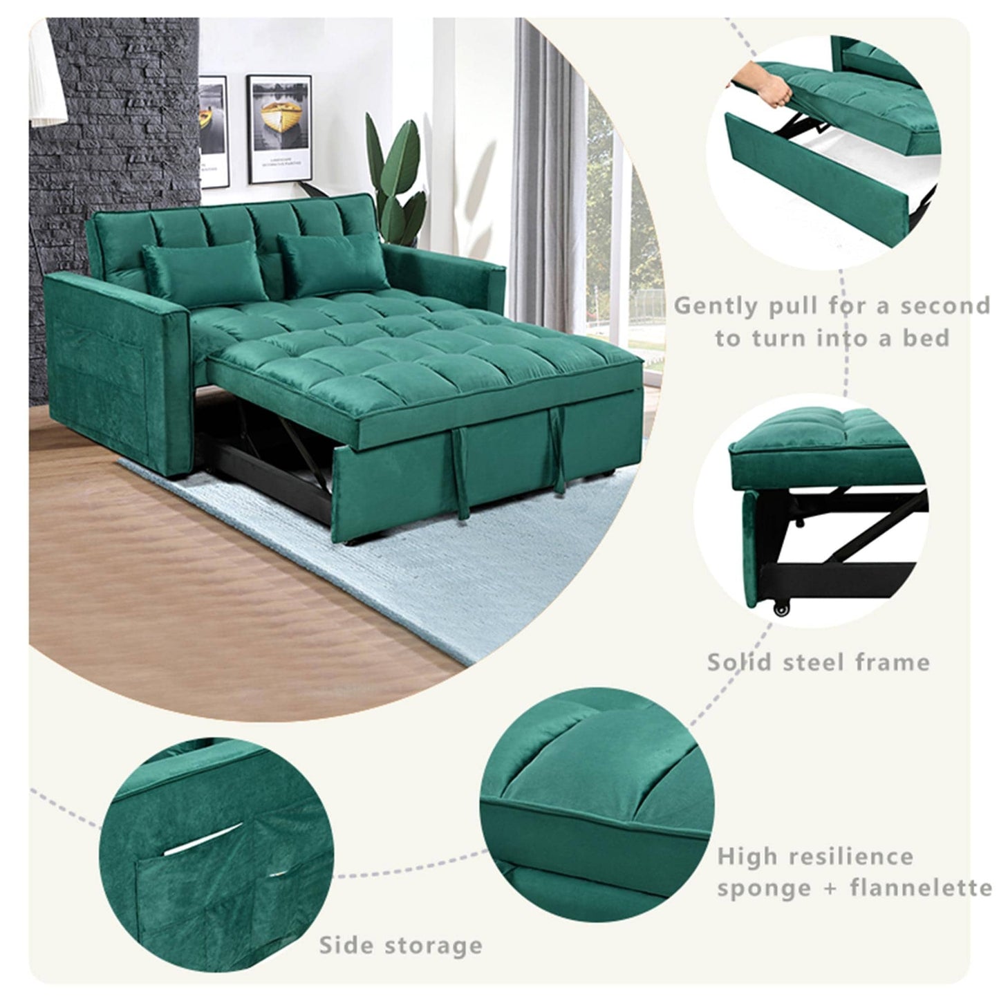 Green Modern 55.12 3 in 1 Flannel Loveseat Convertible Sofa Bed with Adjustable Backrest and Storage Space for Living Room