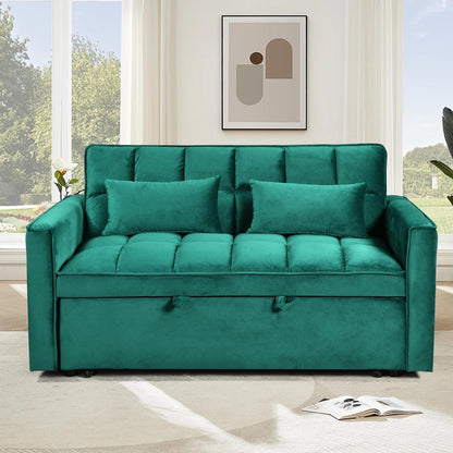 Green Modern 55.12 3 in 1 Flannel Loveseat Convertible Sofa Bed with Adjustable Backrest and Storage Space for Living Room