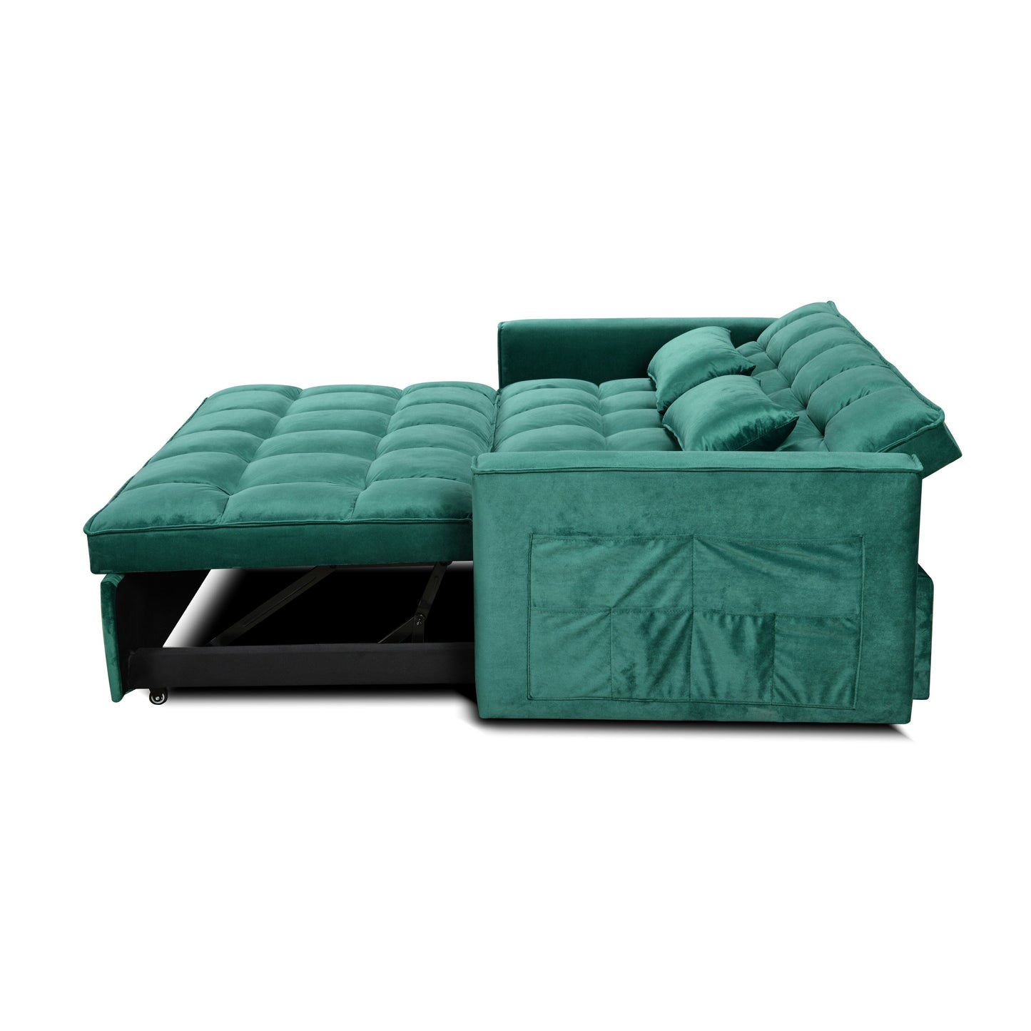 Green Modern 55.12 3 in 1 Flannel Loveseat Convertible Sofa Bed with Adjustable Backrest and Storage Space for Living Room
