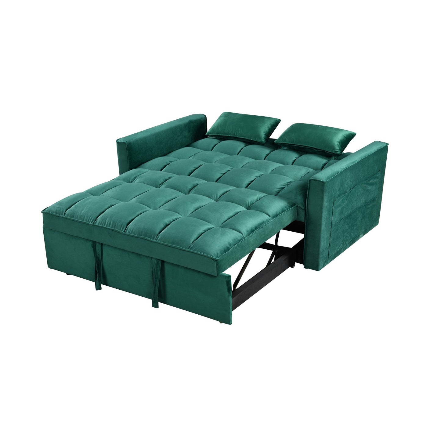 Green Modern 55.12 3 in 1 Flannel Loveseat Convertible Sofa Bed with Adjustable Backrest and Storage Space for Living Room