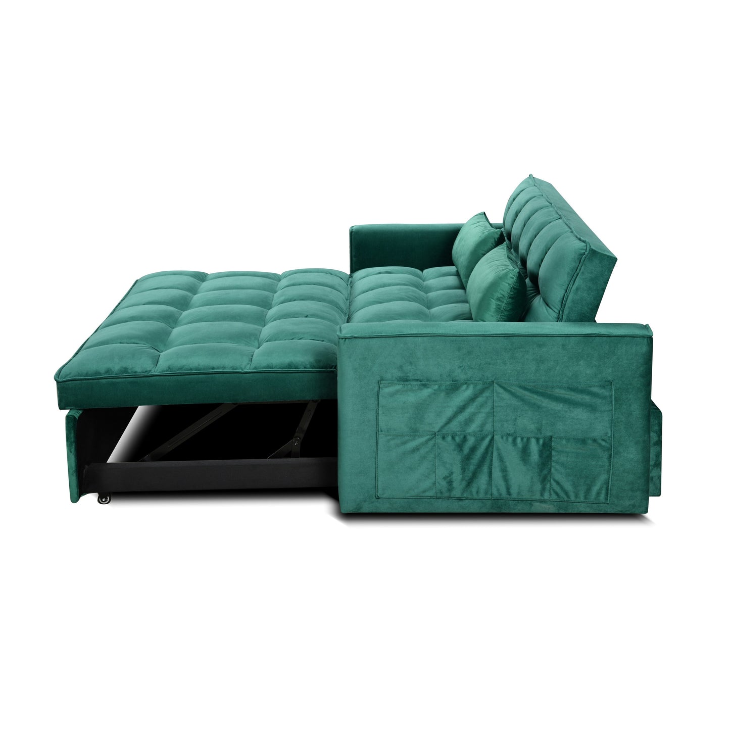 Green Modern 55.12 3 in 1 Flannel Loveseat Convertible Sofa Bed with Adjustable Backrest and Storage Space for Living Room