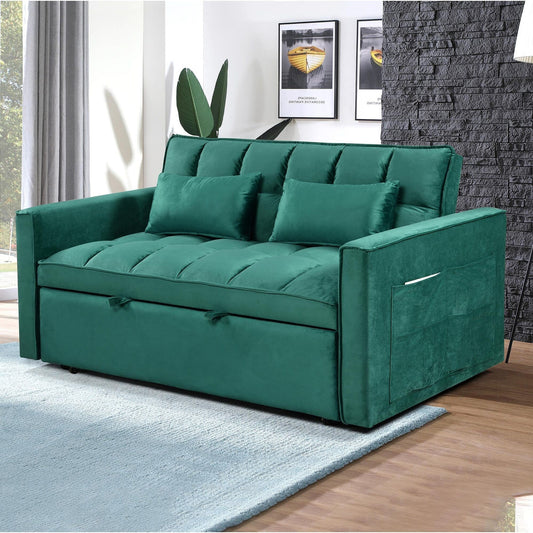 Green Modern 55.12 3 in 1 Flannel Loveseat Convertible Sofa Bed with Adjustable Backrest and Storage Space for Living Room