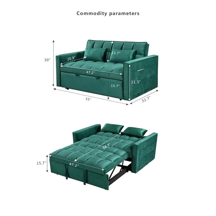 Green Modern 55.12 3 in 1 Flannel Loveseat Convertible Sofa Bed with Adjustable Backrest and Storage Space for Living Room