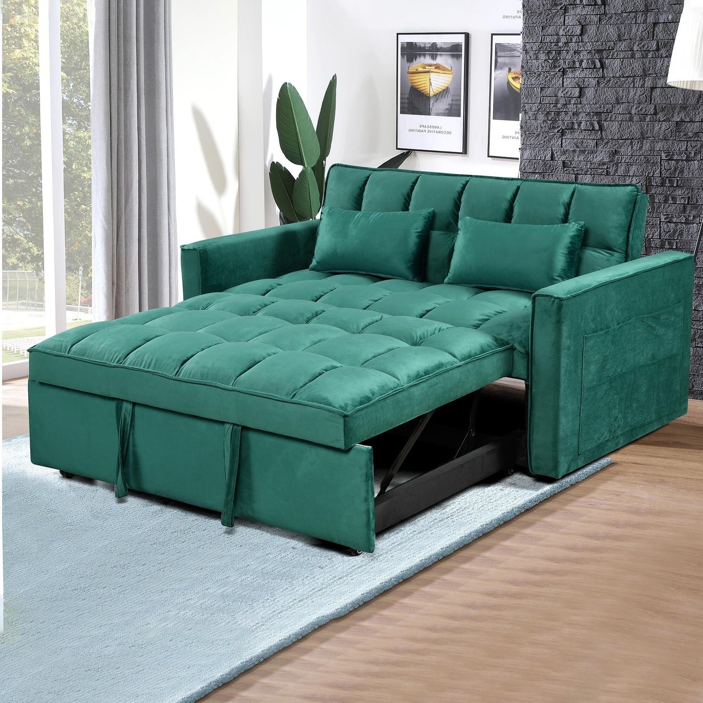 Green Modern 55.12 3 in 1 Flannel Loveseat Convertible Sofa Bed with Adjustable Backrest and Storage Space for Living Room