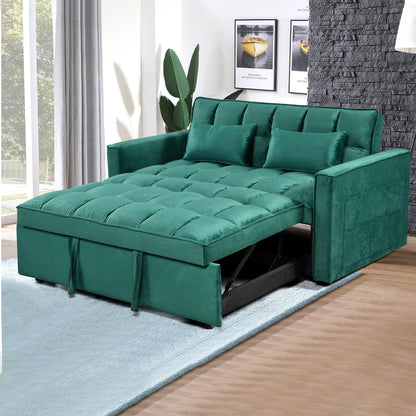 Green Modern 55.12 3 in 1 Flannel Loveseat Convertible Sofa Bed with Adjustable Backrest and Storage Space for Living Room