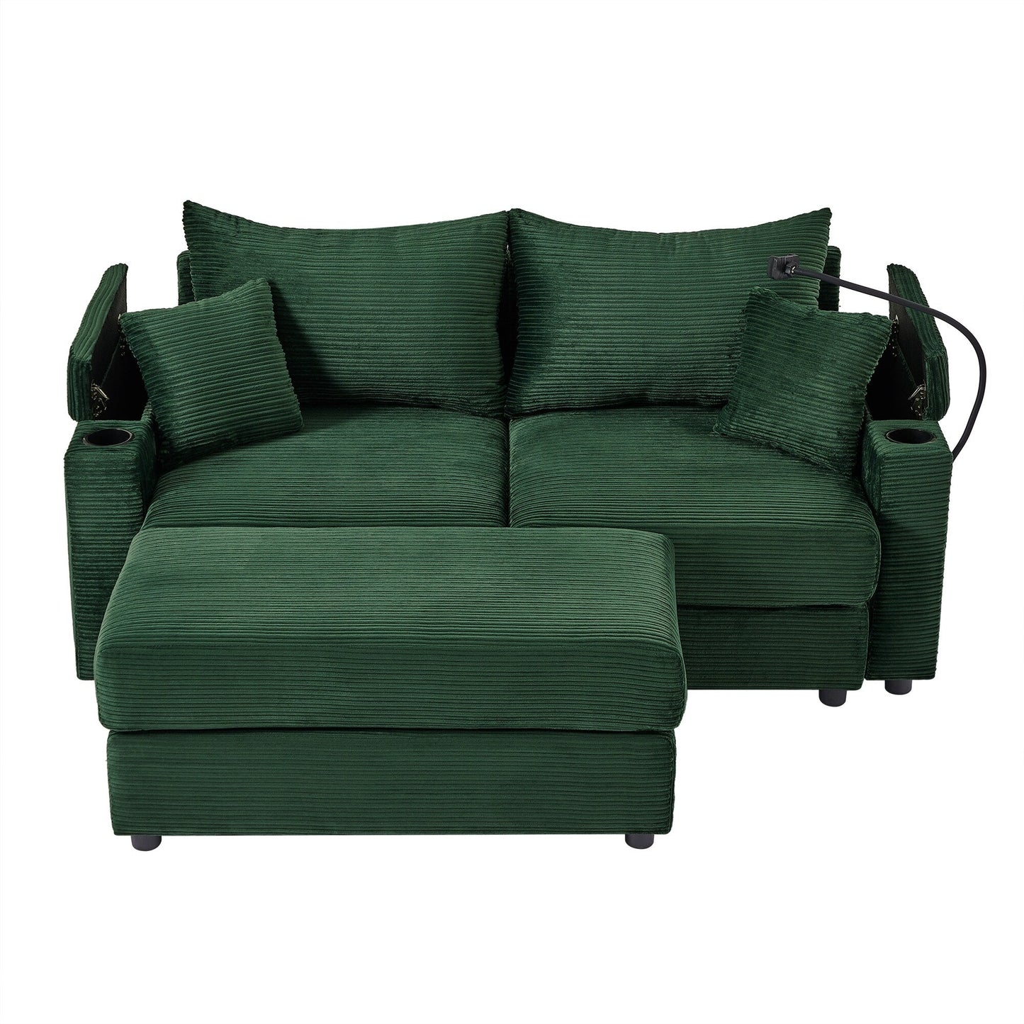 Green Modern 72.8 Corduroy Loveseat Sofa with Movable Ottoman, Storage Armrests, Phone Holder, and Two USB Ports
