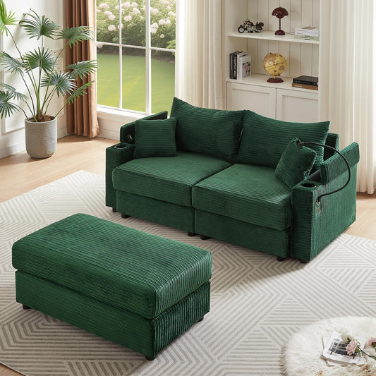 Green Modern 72.8 Corduroy Loveseat Sofa with Movable Ottoman, Storage Armrests, Phone Holder, and Two USB Ports