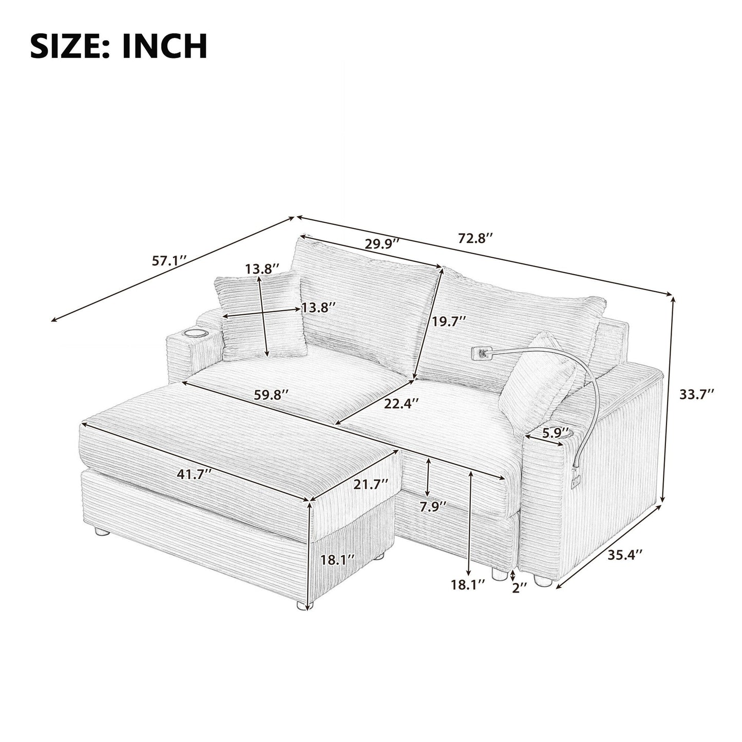Green Modern 72.8 Corduroy Loveseat Sofa with Movable Ottoman, Storage Armrests, Phone Holder, and Two USB Ports