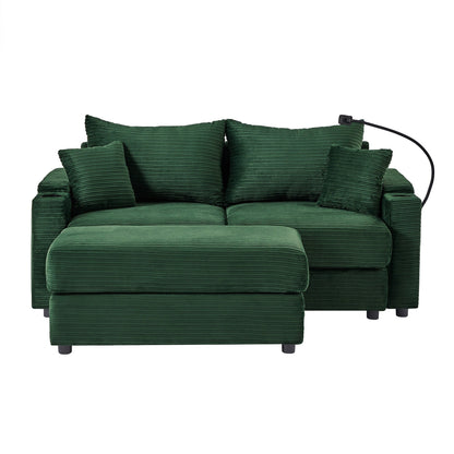 Green Modern 72.8 Corduroy Loveseat Sofa with Movable Ottoman, Storage Armrests, Phone Holder, and Two USB Ports