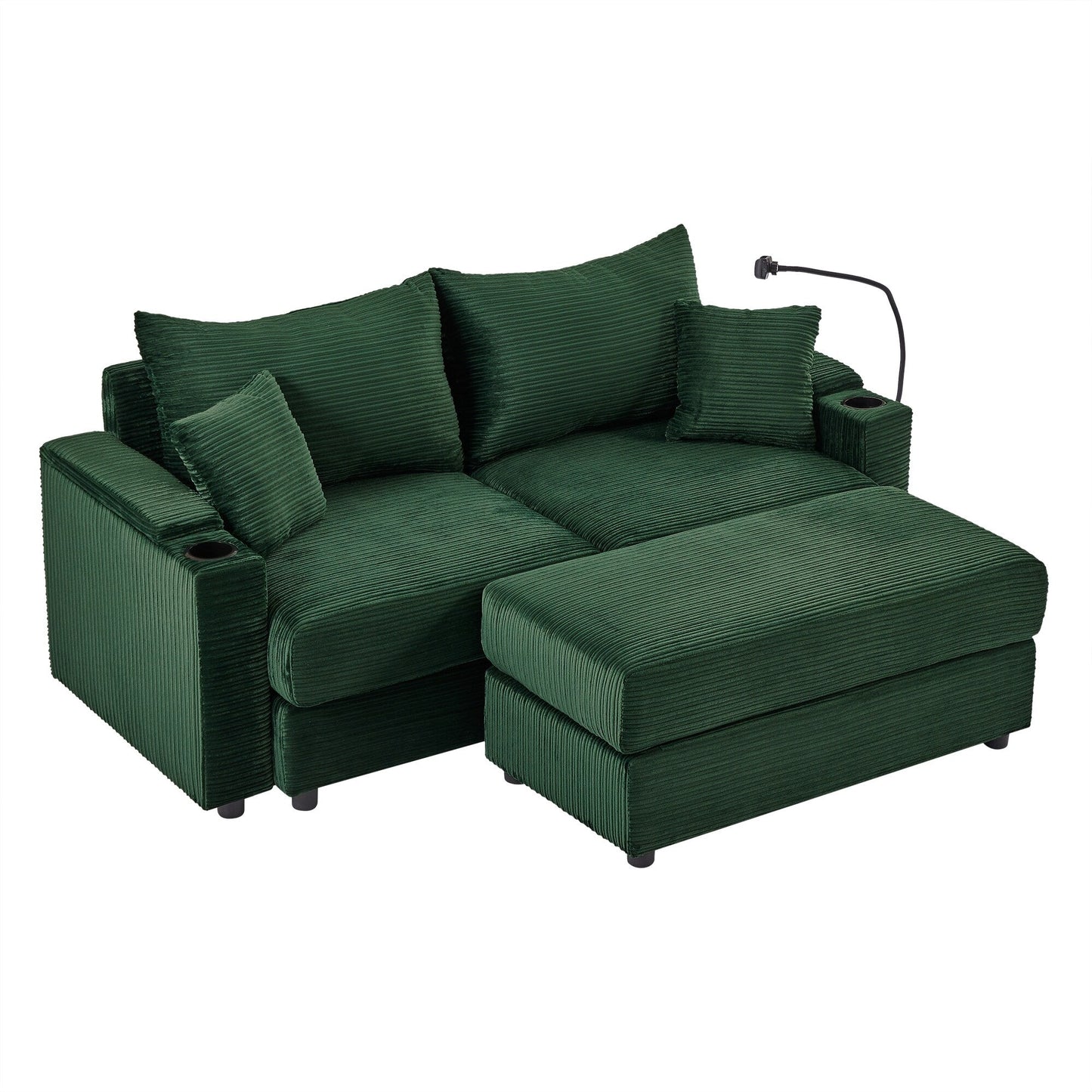 Green Modern 72.8 Corduroy Loveseat Sofa with Movable Ottoman, Storage Armrests, Phone Holder, and Two USB Ports