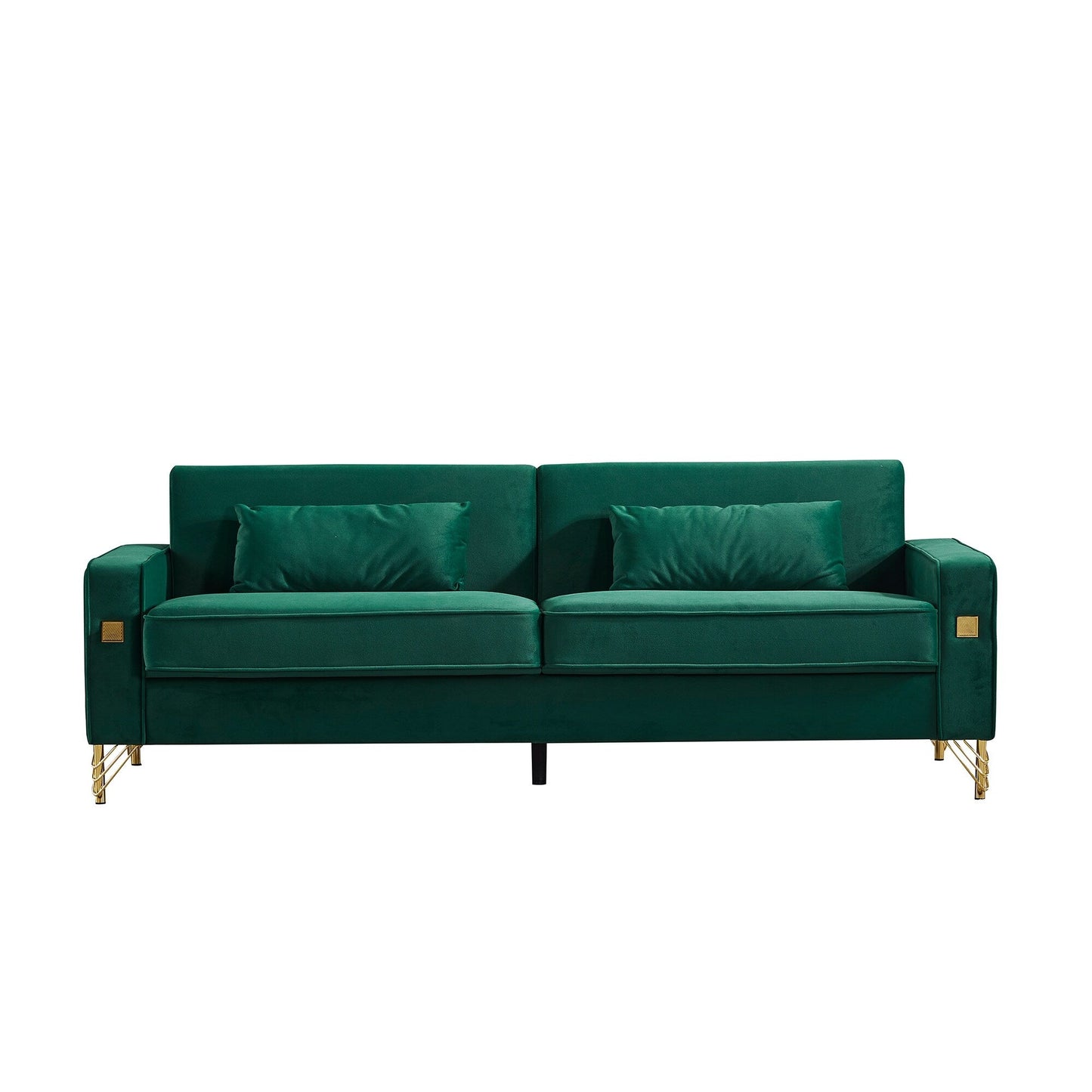 Green Modern 85.44 Velvet Upholstered Loveseat Sofa with Gold Legs and Pillows for Living Room