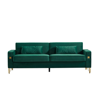 Green Modern 85.44 Velvet Upholstered Loveseat Sofa with Gold Legs and Pillows for Living Room