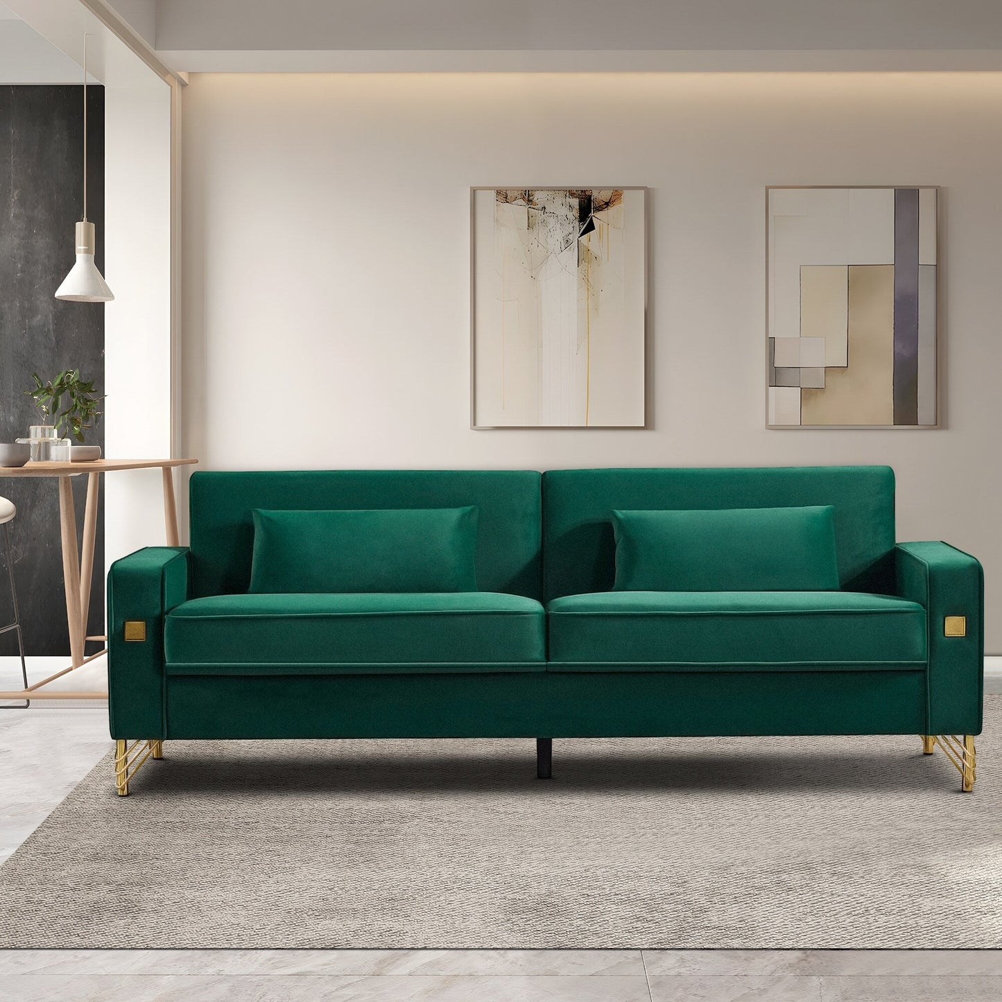 Green Modern 85.44 Velvet Upholstered Loveseat Sofa with Gold Legs and Pillows for Living Room