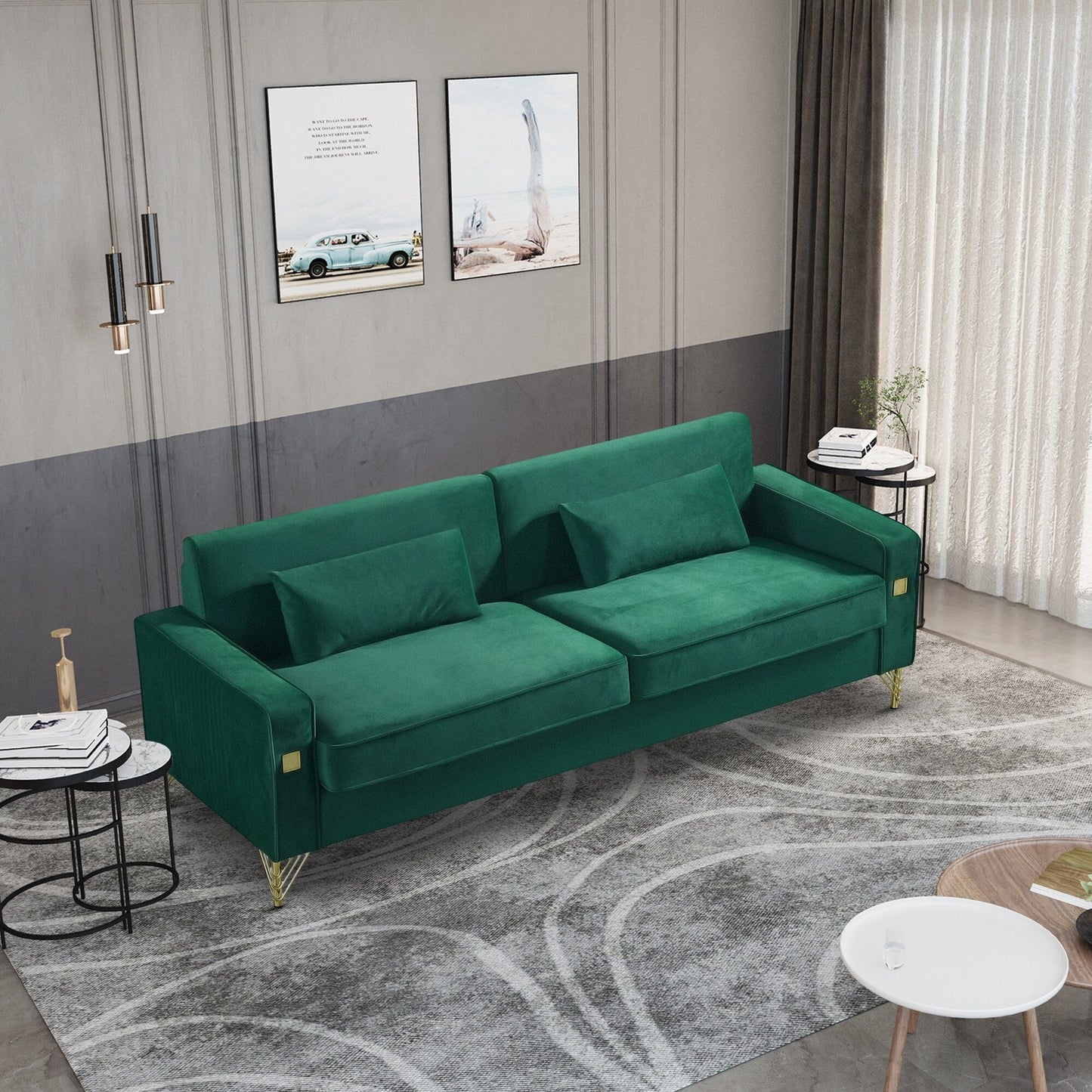 Green Modern 85.44 Velvet Upholstered Loveseat Sofa with Gold Legs and Pillows for Living Room