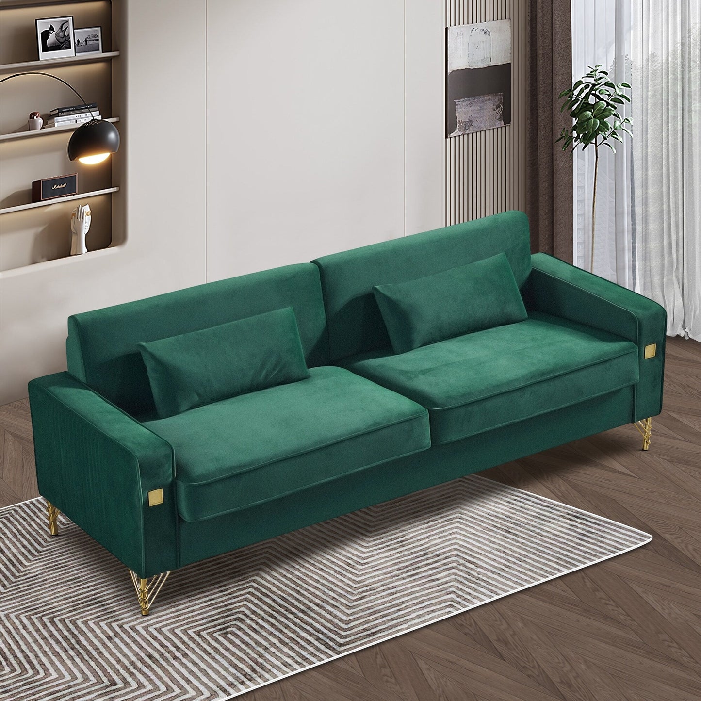 Green Modern 85.44 Velvet Upholstered Loveseat Sofa with Gold Legs and Pillows for Living Room