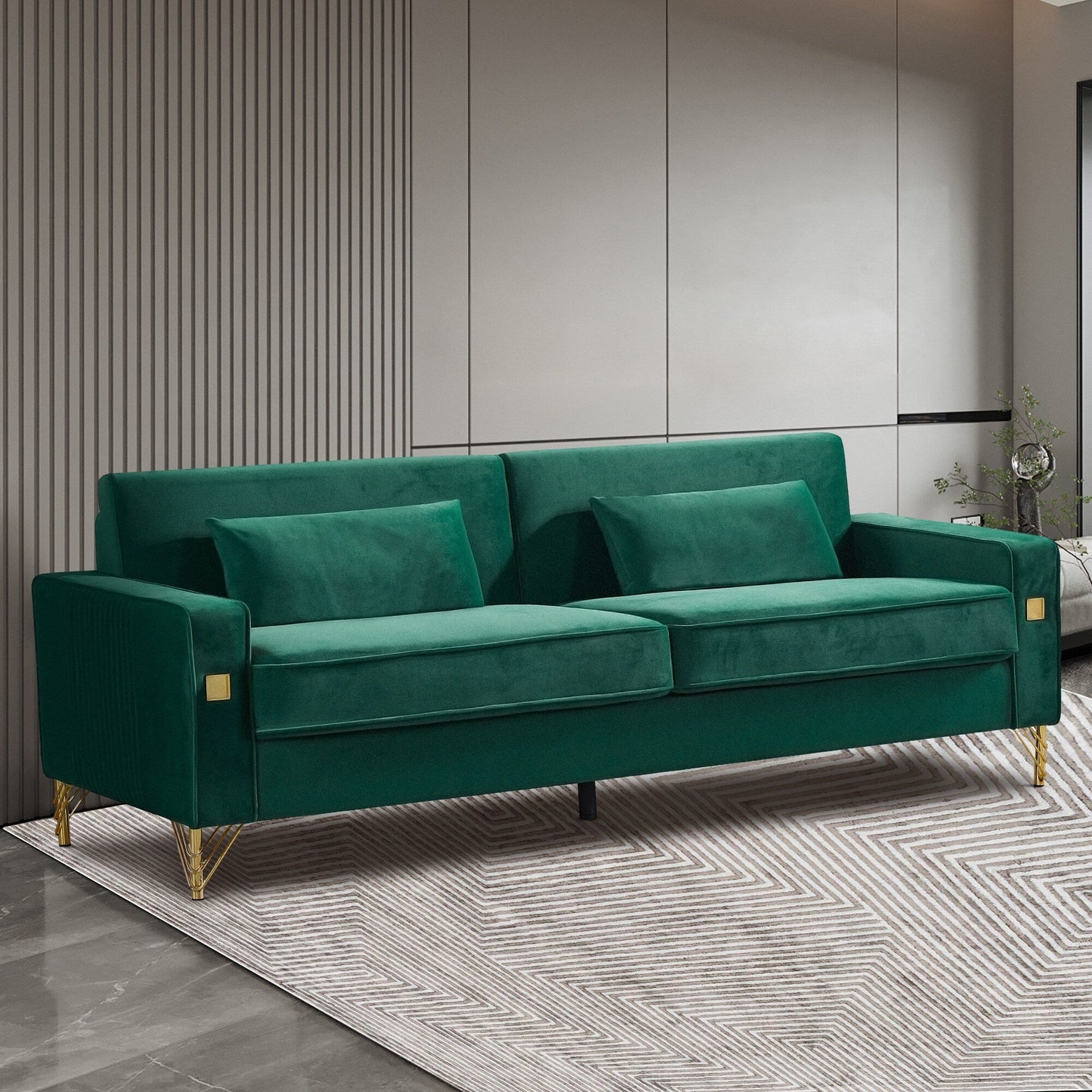 Green Modern 85.44 Velvet Upholstered Loveseat Sofa with Gold Legs and Pillows for Living Room