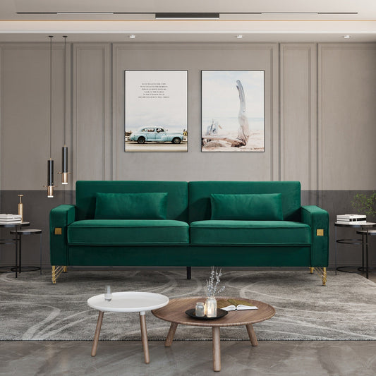 Green Modern 85.44 Velvet Upholstered Loveseat Sofa with Gold Legs and Pillows for Living Room