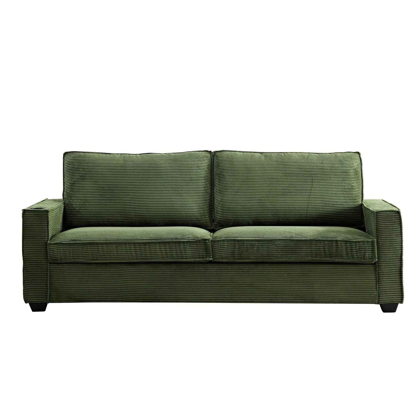 Green Modern 87.4 Corduroy 3-seater Deep Seat Sofa with Cup Holder and Storage Bags for Living Room
