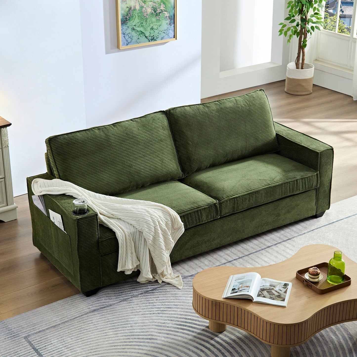 Green Modern 87.4 Corduroy 3-seater Deep Seat Sofa with Cup Holder and Storage Bags for Living Room
