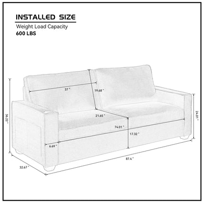 Green Modern 87.4 Corduroy 3-seater Deep Seat Sofa with Cup Holder and Storage Bags for Living Room