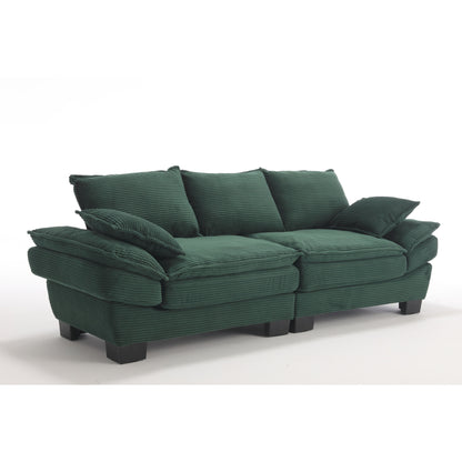 Green Modern 88.6 Corduroy 3-seater Sailboat Sofa with Two Pillows and Wide Plastic Feet for Living Room