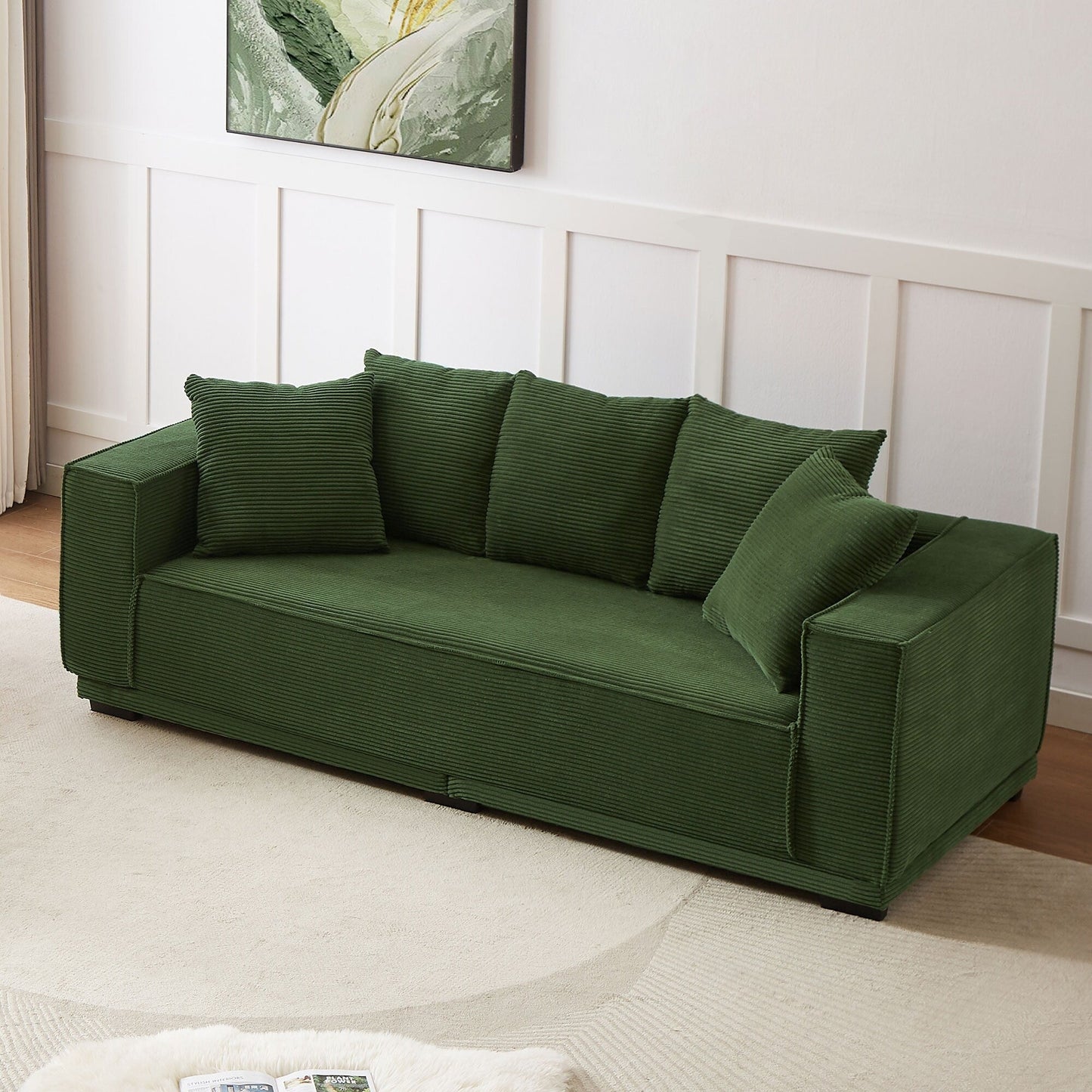 Green Modern 88.97 Corduroy Upholstered 3-seater Sofa with 5 Matching Toss Pillows for Living Room
