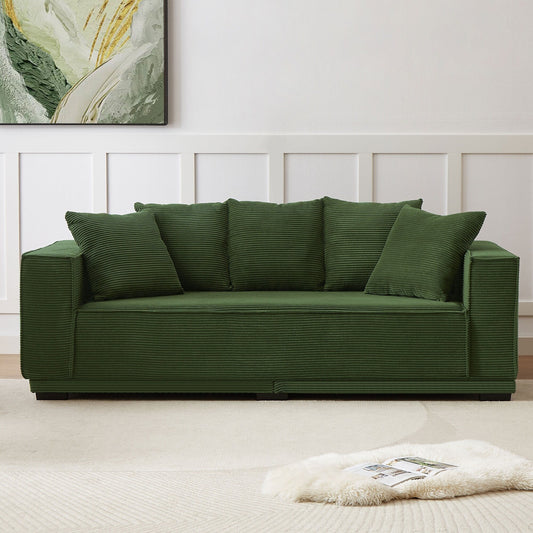 Green Modern 88.97 Corduroy Upholstered 3-seater Sofa with 5 Matching Toss Pillows for Living Room