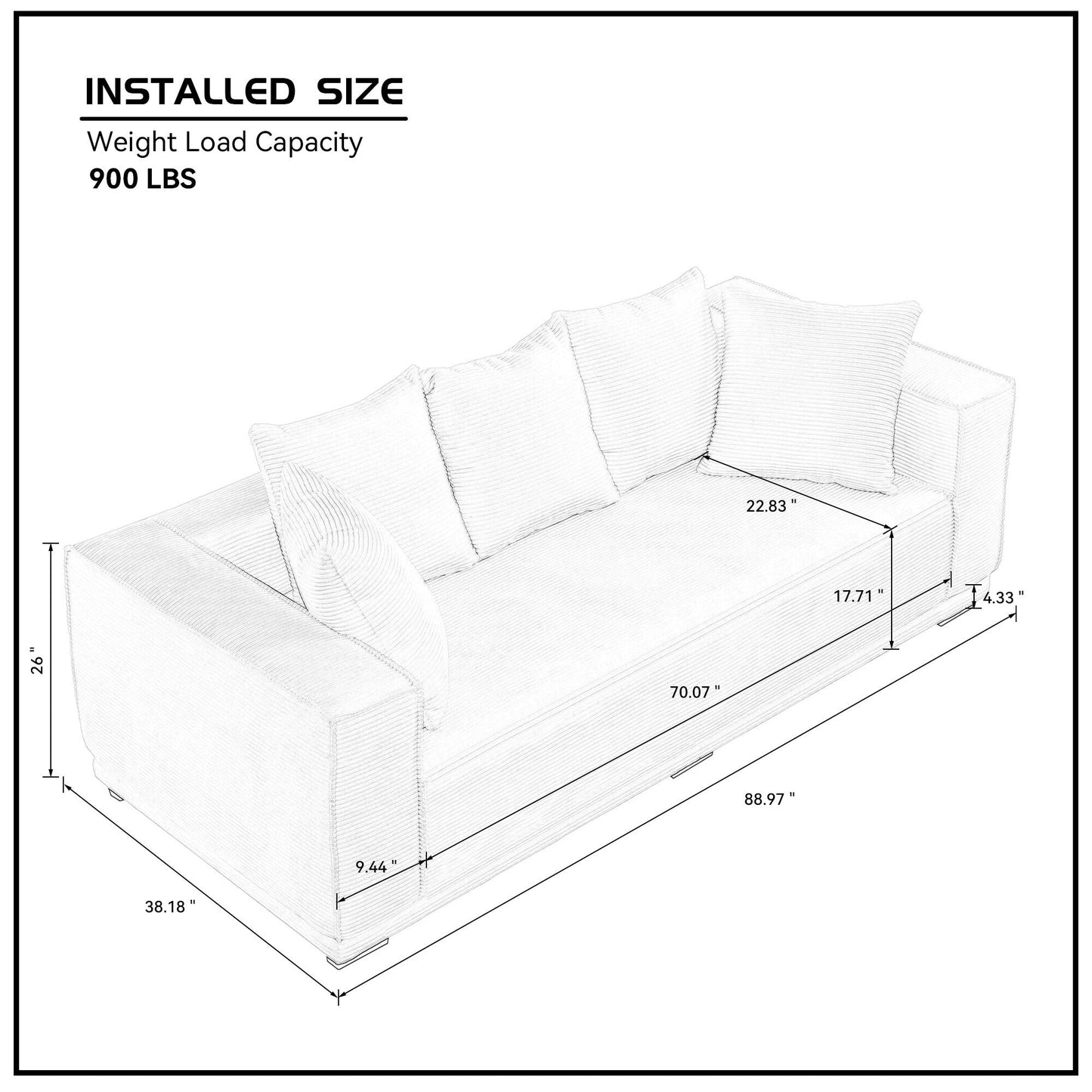 Green Modern 88.97 Corduroy Upholstered 3-seater Sofa with 5 Matching Toss Pillows for Living Room