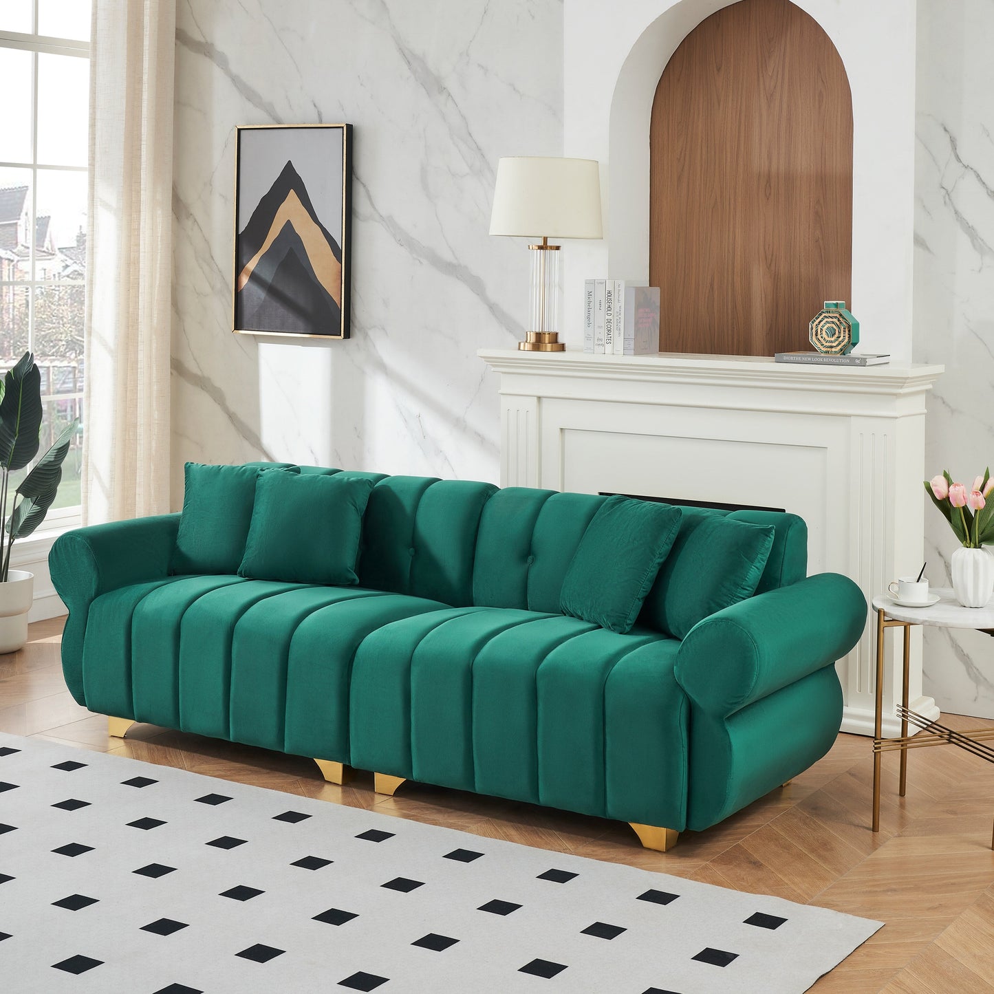 Green Modern 89 Velvet 3-seater Sofa with Spring-Wrapped Cushions and Metal Feet for Living Room