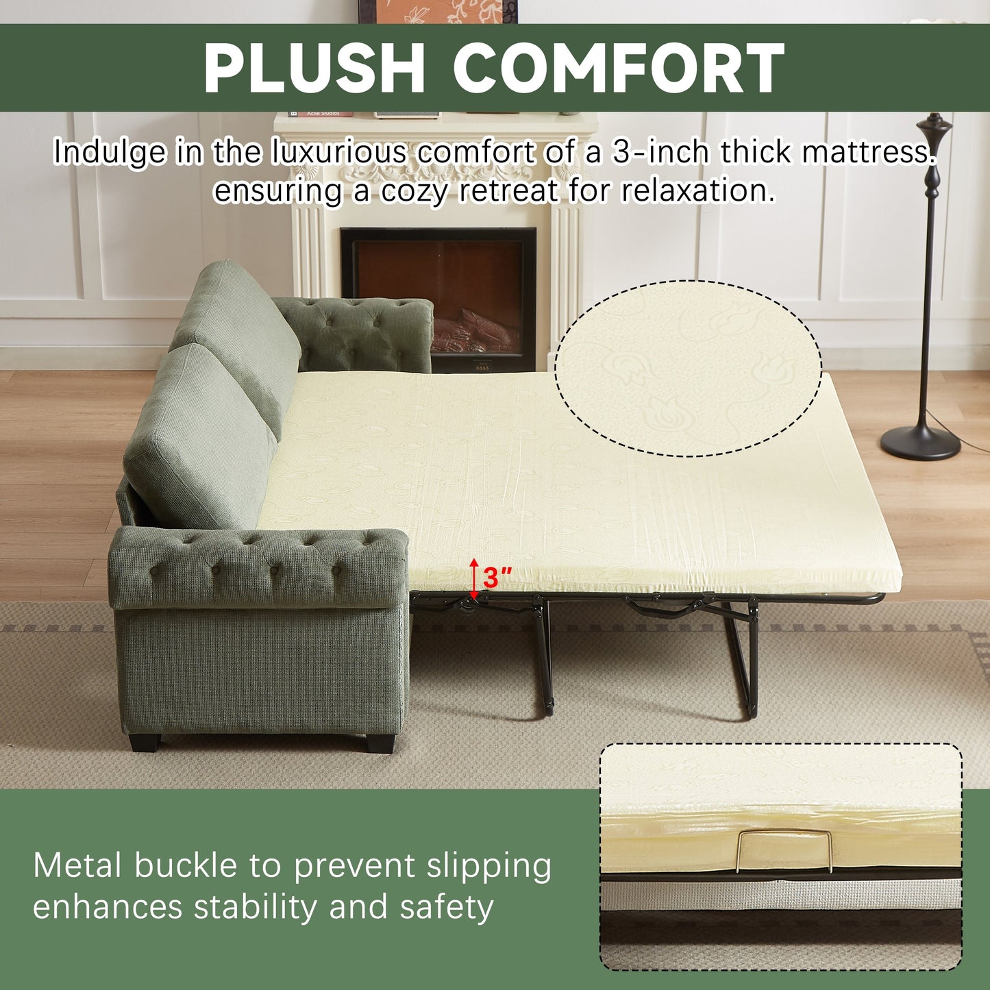 Green Polyester 3-seater Convertible Pullout Sofa Bed