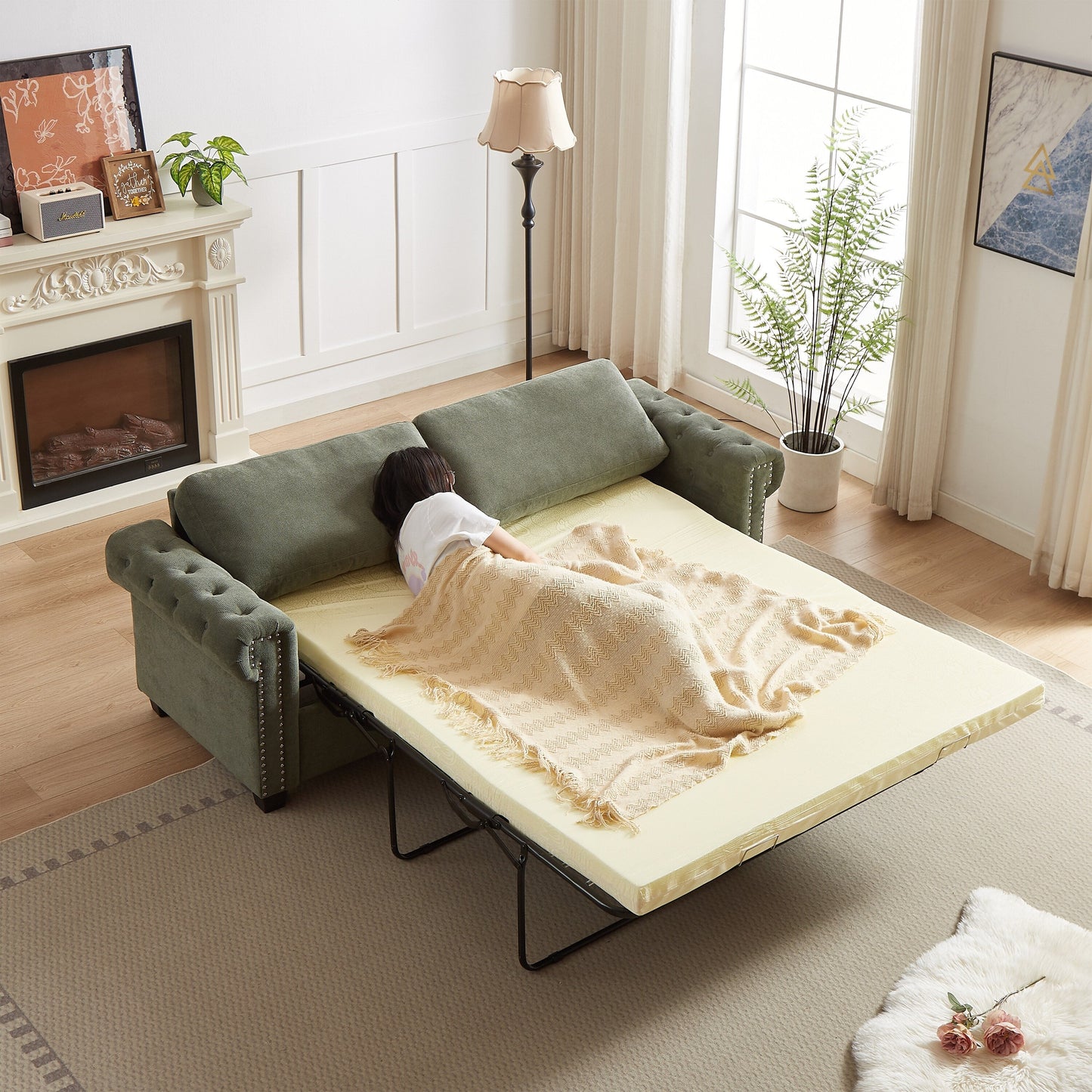 Green Polyester 3-seater Convertible Pullout Sofa Bed