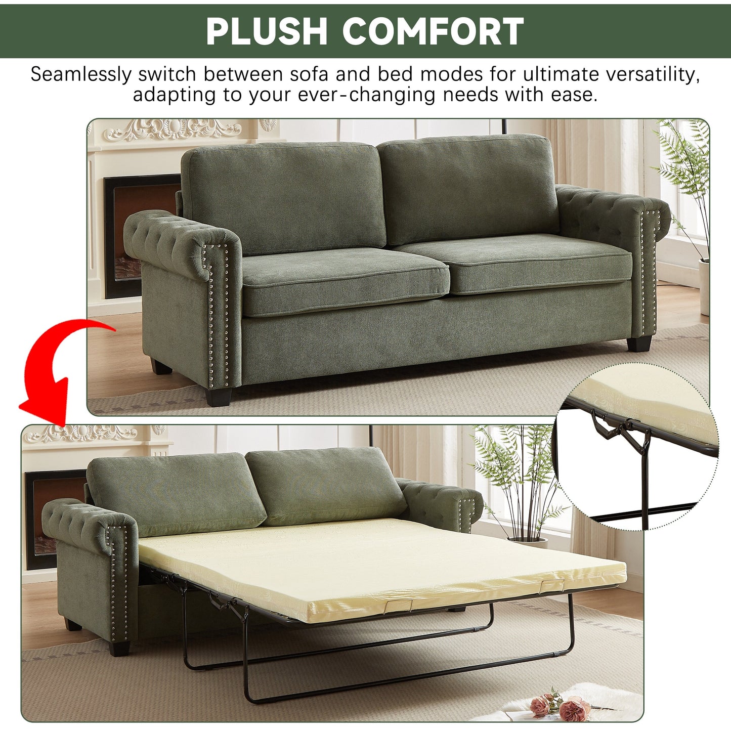 Green Polyester 3-seater Convertible Pullout Sofa Bed