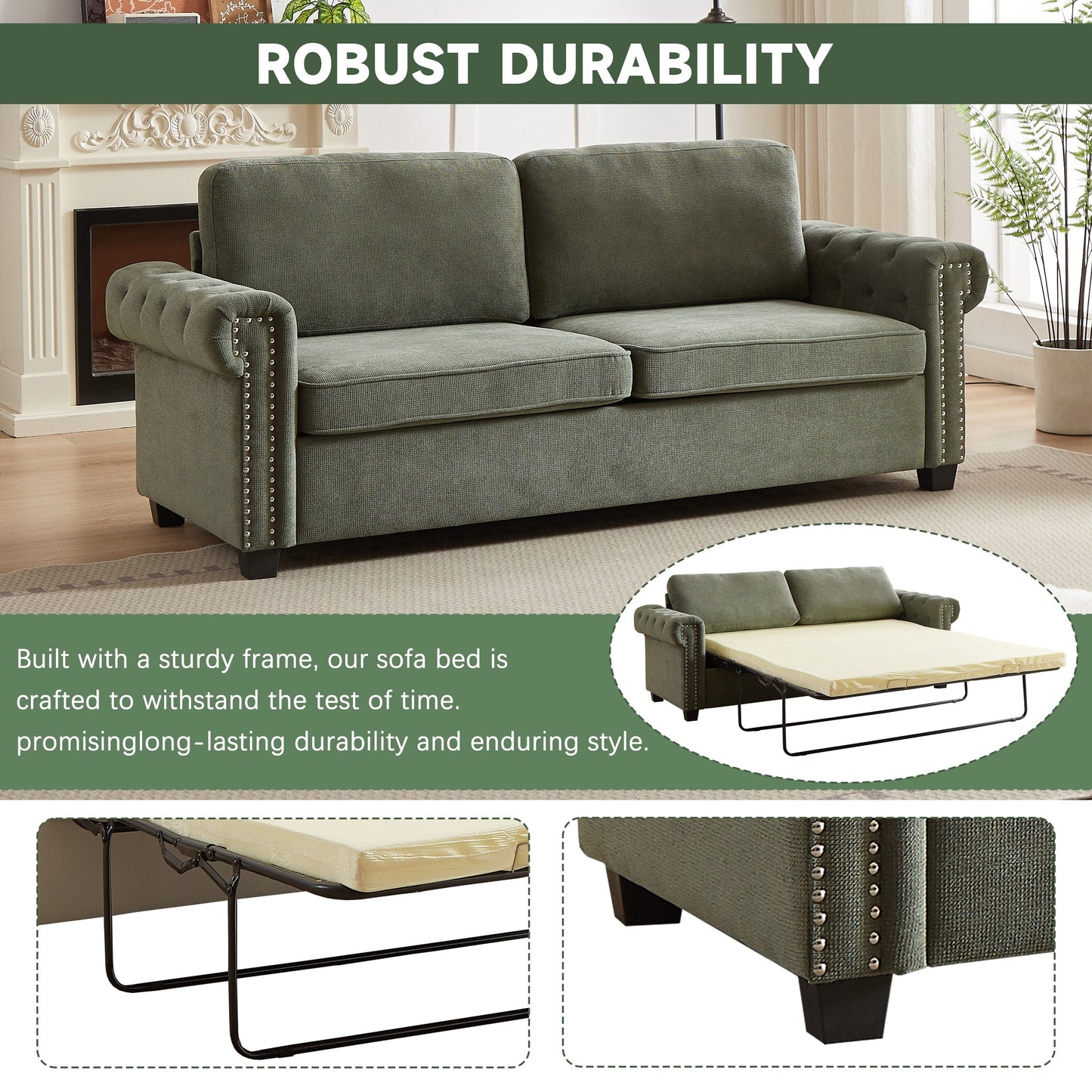 Green Polyester 3-seater Convertible Pullout Sofa Bed