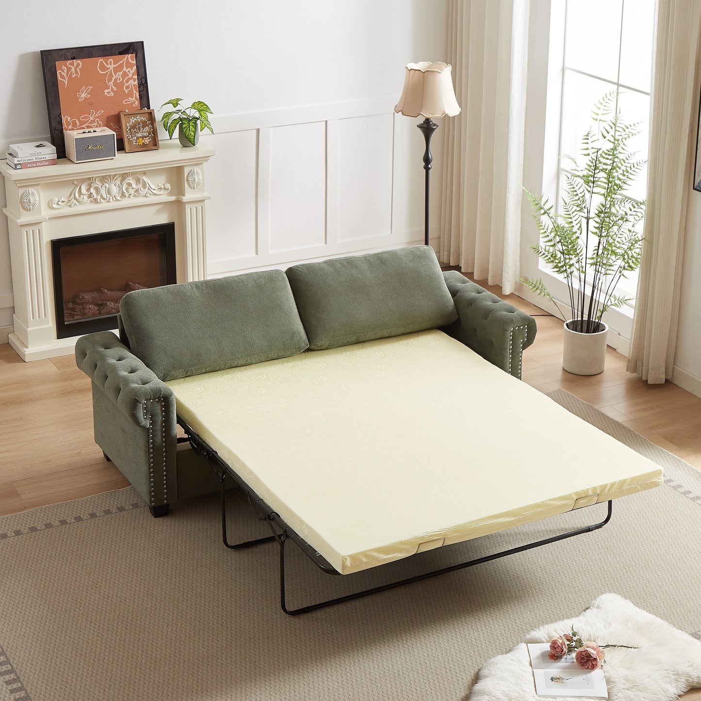 Green Polyester 3-seater Convertible Pullout Sofa Bed