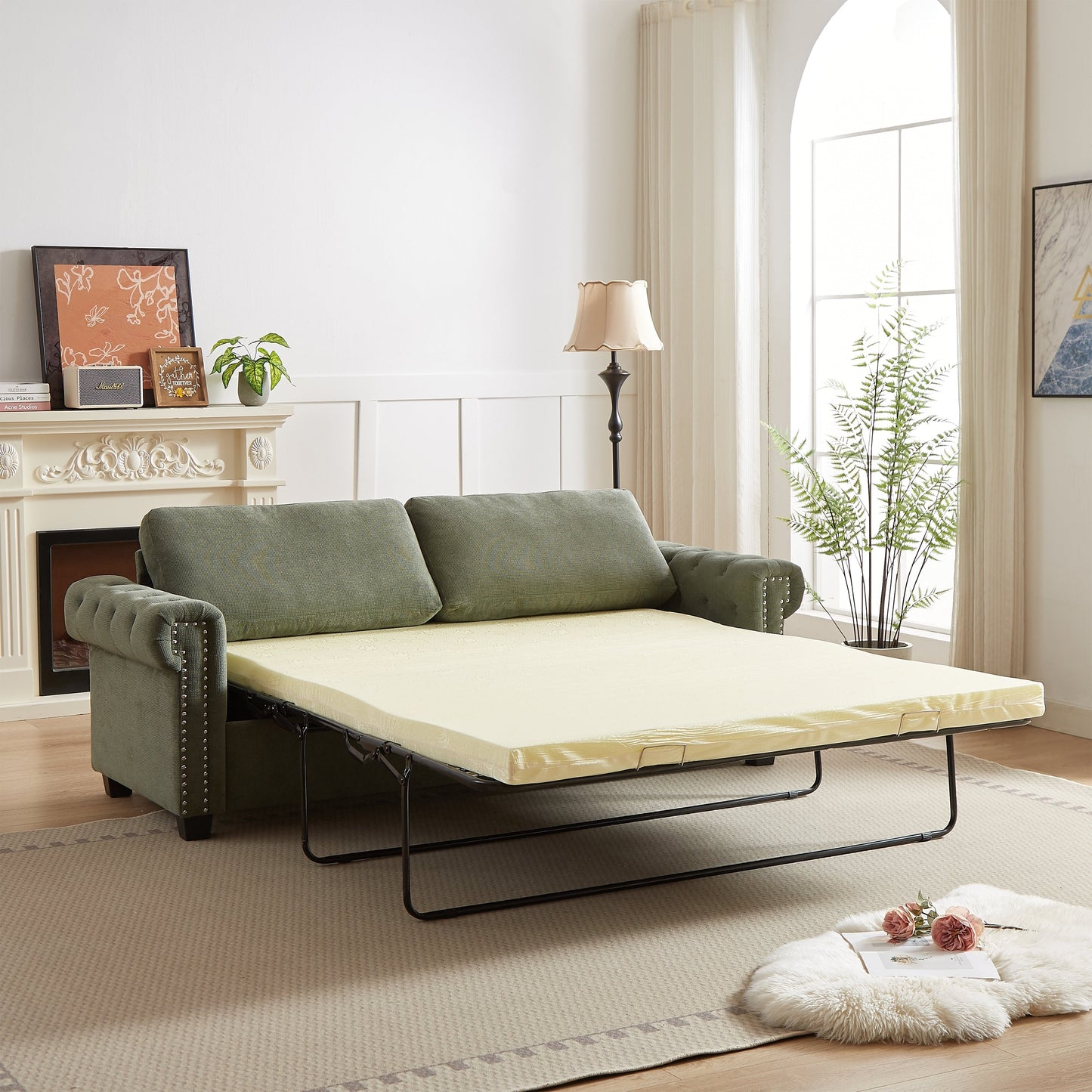 Green Polyester 3-seater Convertible Pullout Sofa Bed