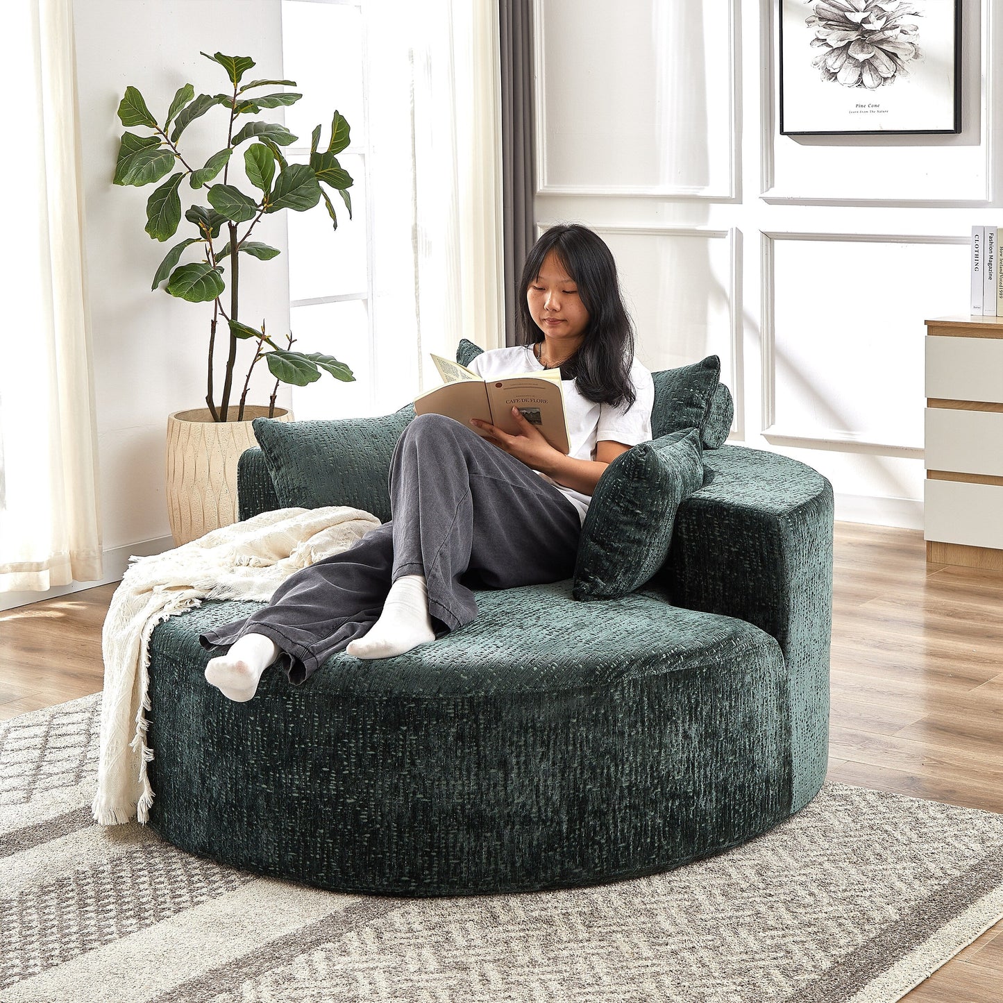 Green Round Chenille Single Sleeper Sofa with Backrest Pillow