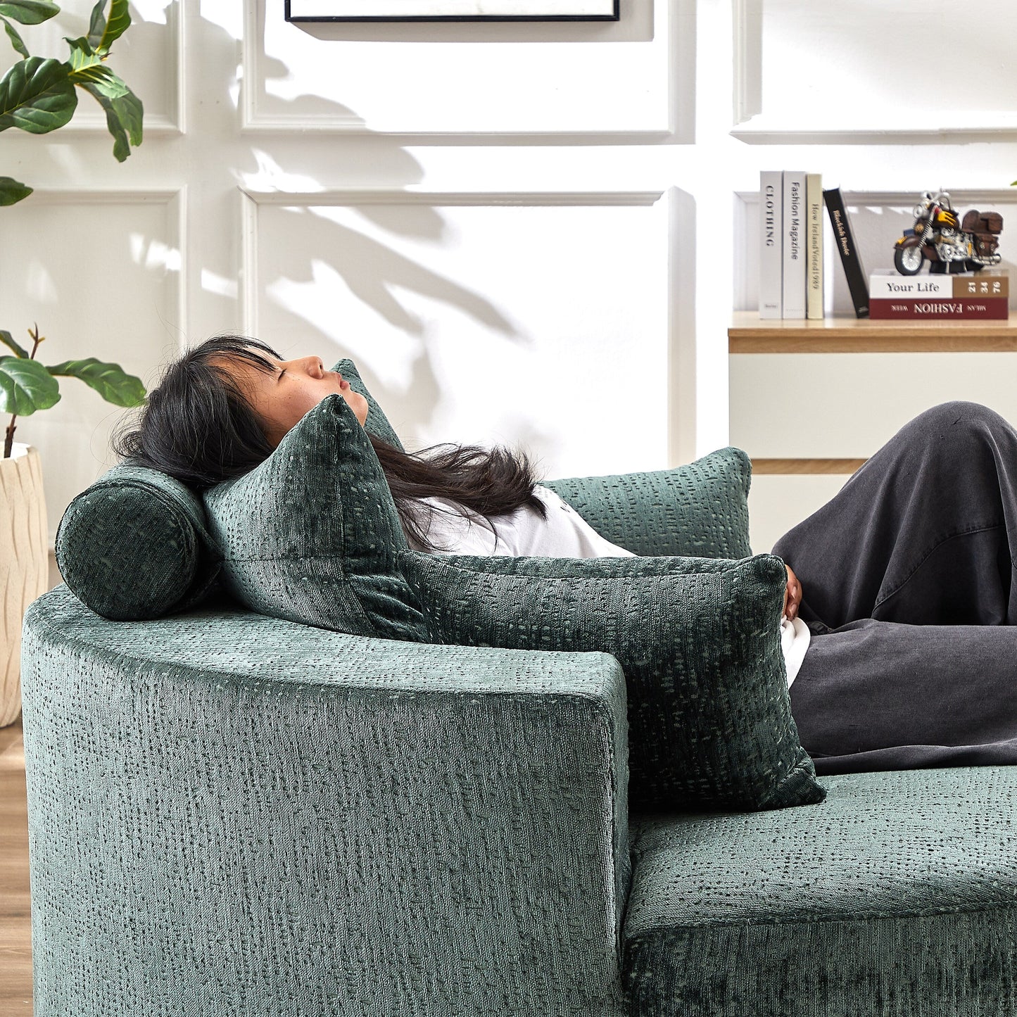 Green Round Chenille Single Sleeper Sofa with Backrest Pillow