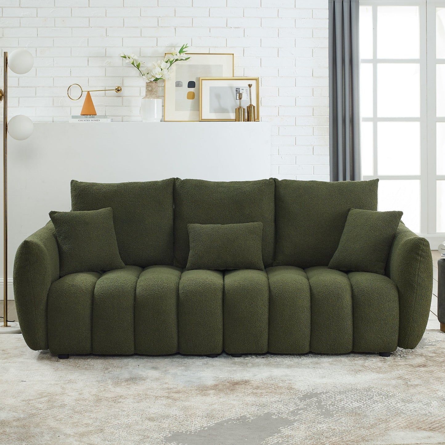 Green Teddy 3-seater Sofa with Back Pillows and Wood Frame