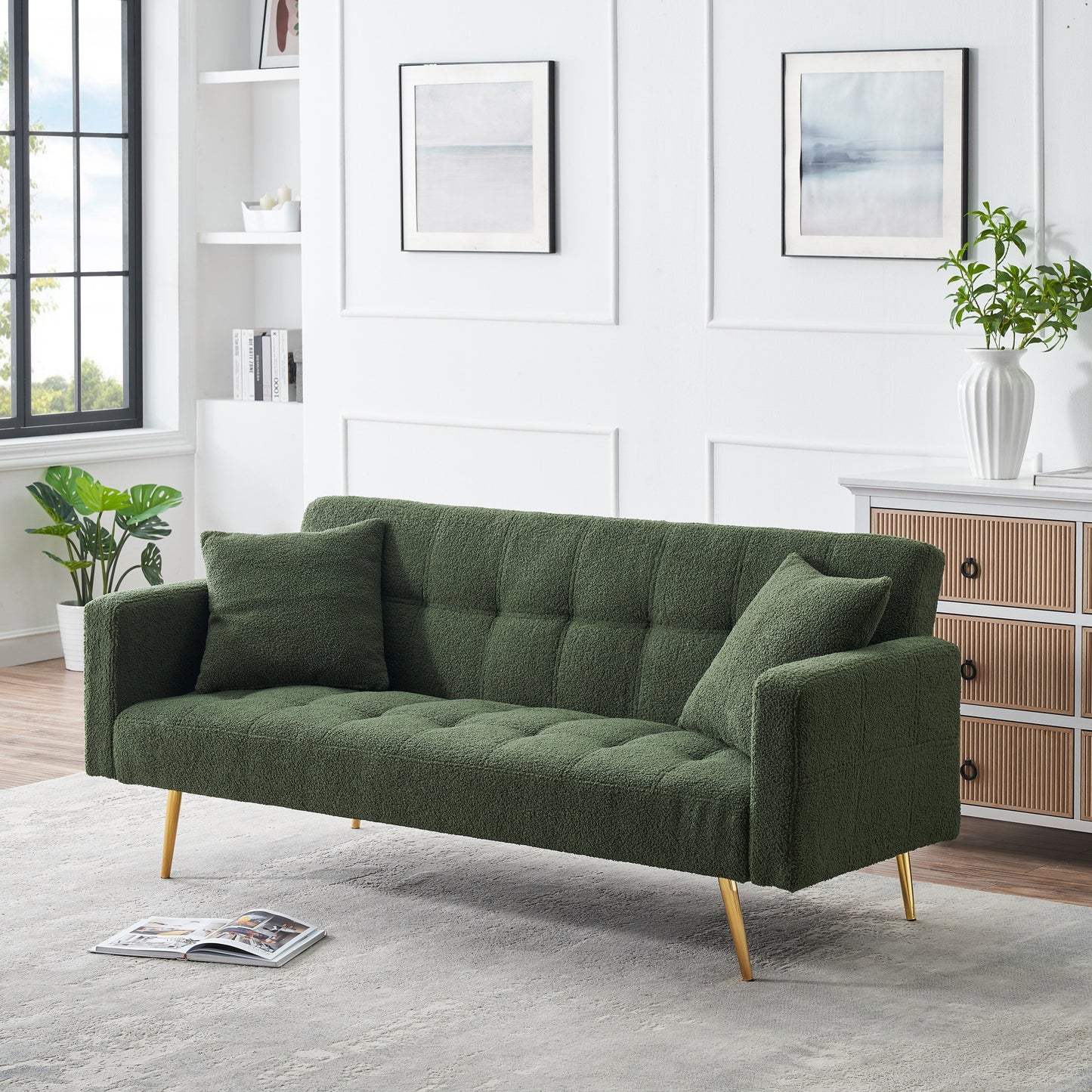 Green Teddy Fleece Convertible Loveseat Sofa Bed